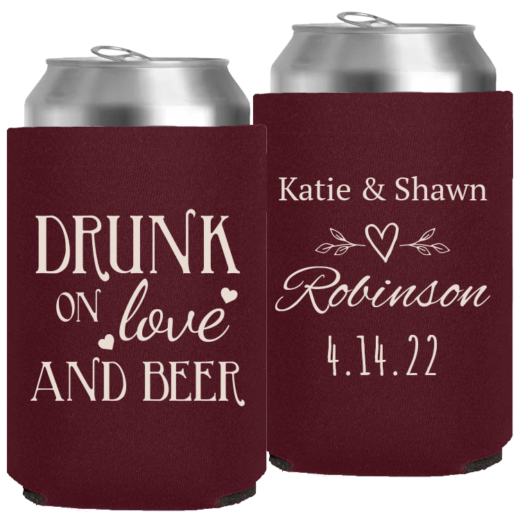 Wedding - Drunk On Love And Beer Heart Leaves - Neoprene Can 058