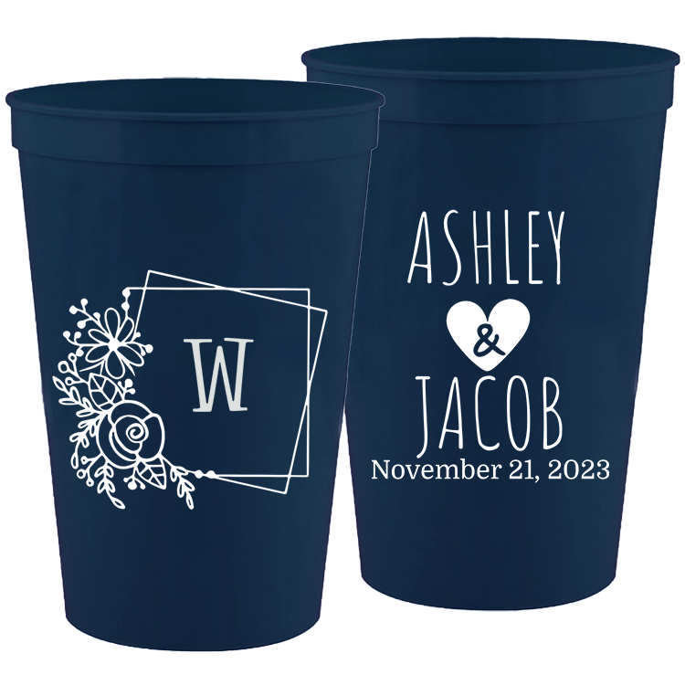 Wedding - Last Name Initial With Box And Flowers - 16 oz Plastic Cups 112