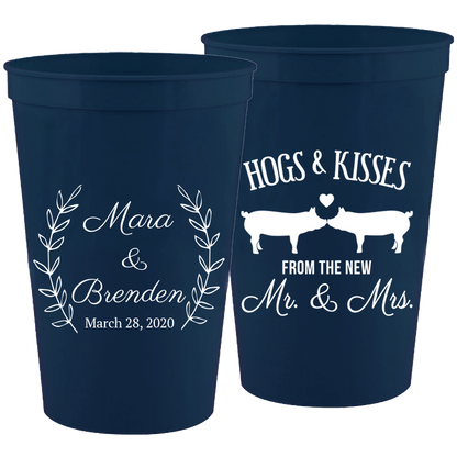 Wedding - Hogs & Kisses With Leaves - 16 oz Plastic Cups 064