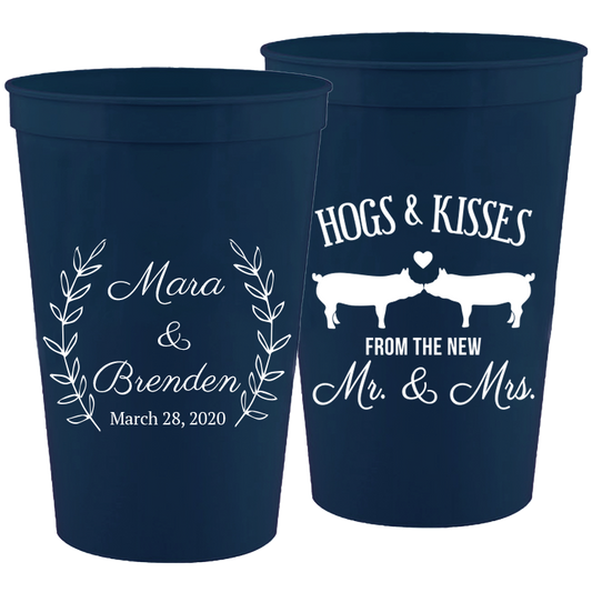 Wedding - Hogs & Kisses With Leaves - 16 oz Plastic Cups 064