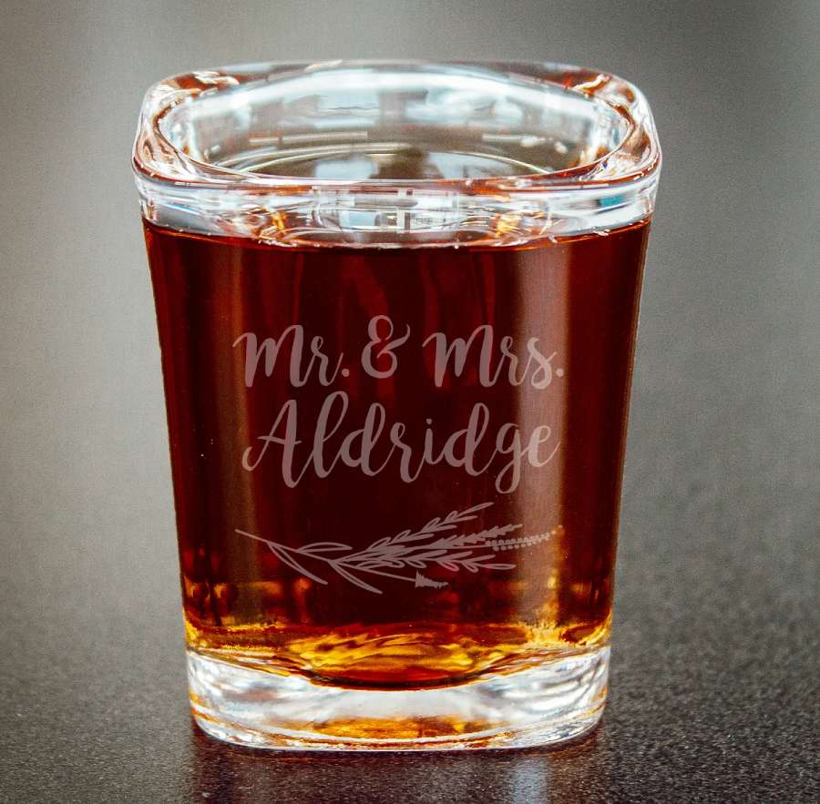 Shot Glass with Custom Engraved Last Name & Date w/ Foliage
