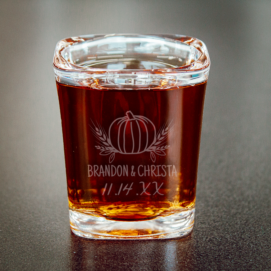 Shot Glass with Custom Engraved Pumpkin w/ Names & Date