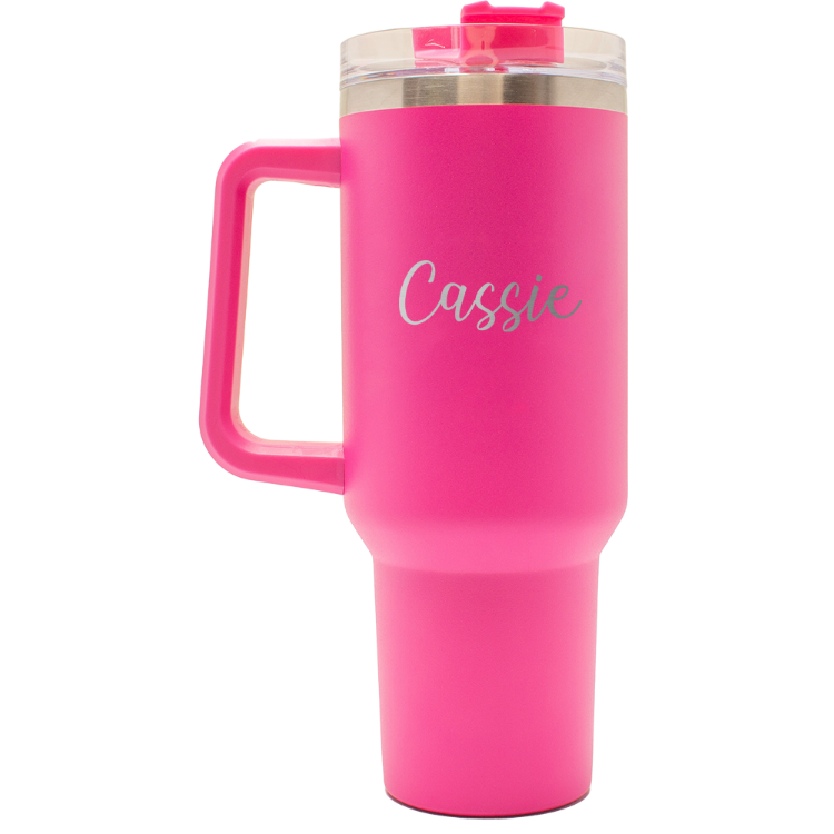 Custom Name - Laser Engraved - 40oz Pink Tumbler with Handle
