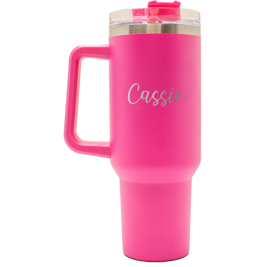 Custom Name - Laser Engraved - 40oz Pink Tumbler with Handle