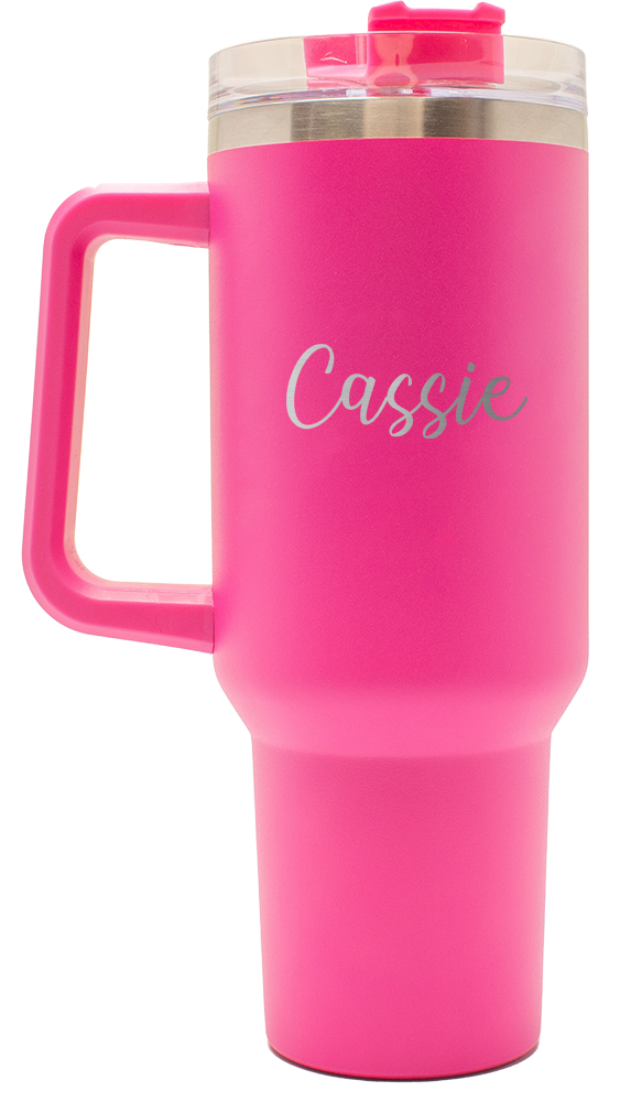 Custom Name - Laser Engraved - 40oz Pink Tumbler with Handle