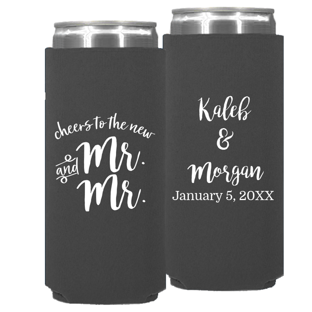 Wedding - Cheers To The New Mr & Mrs Names And Date - Neoprene Slim Can 173