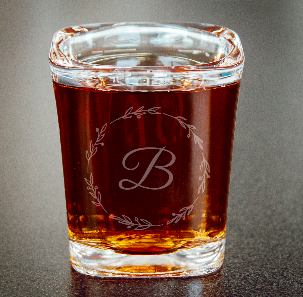 Shot Glass with Custom Engraved Initial in Wreath