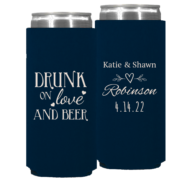 Wedding - Drunk On Love And Beer Heart Leaves - Foam Slim Can 058