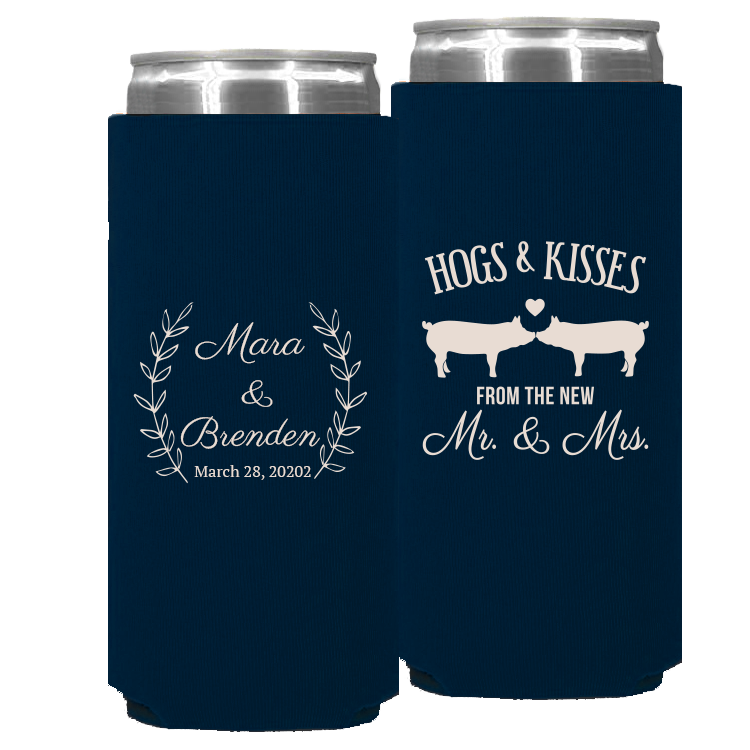 Wedding - Hogs & Kisses With Leaves - Foam Slim Can 064