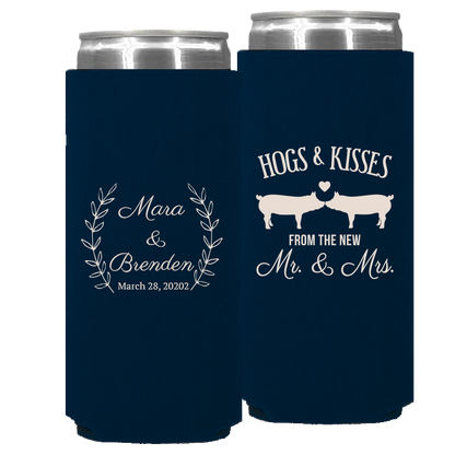 Wedding - Hogs & Kisses With Leaves - Foam Slim Can 064