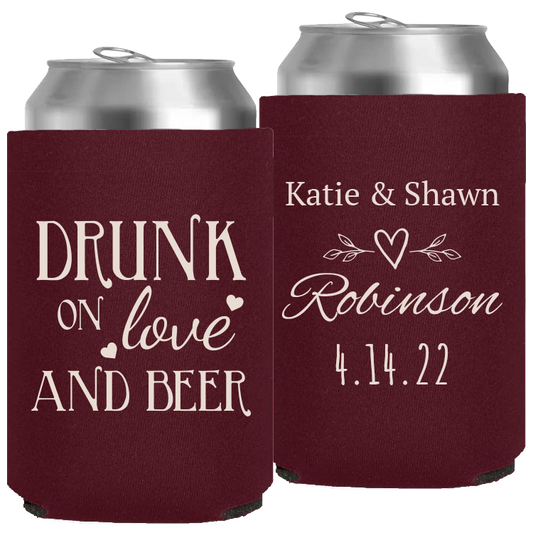 Wedding - Drunk On Love And Beer Heart Leaves - Neoprene Can 058