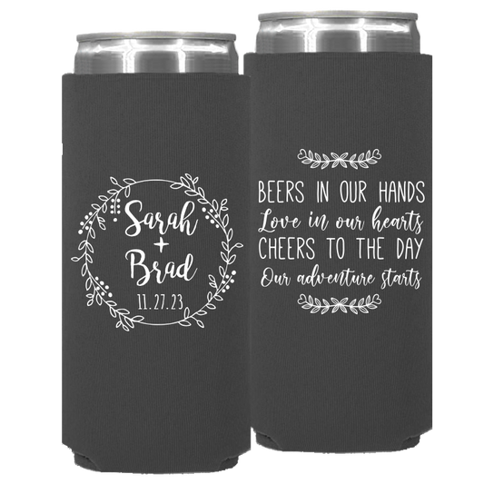 Wedding - Beers In Our Hands Love In Our Hearts Circle Wreath - Neoprene Slim Can 107