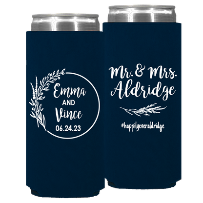 Wedding - Mr & Mrs Last Name And Leaves - Foam Slim Can 110