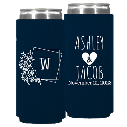 Wedding - Last Name Initial With Box And Flowers - Foam Slim Can 112