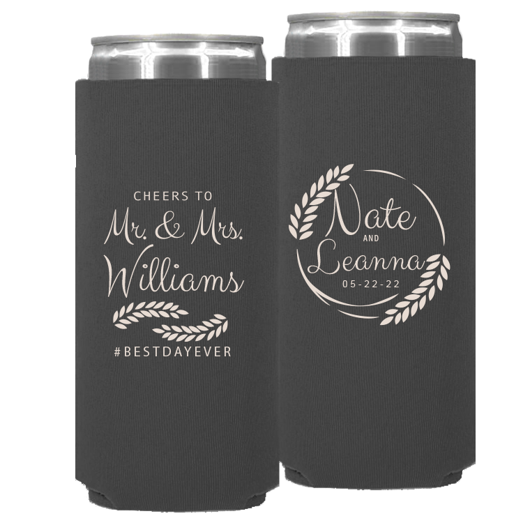 Wedding - Cheers To Mr & Mrs Leaves - Neoprene Slim Can 049