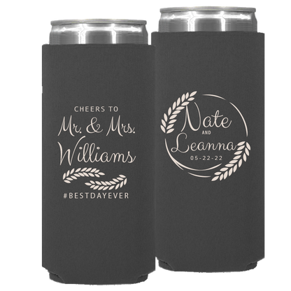 Wedding - Cheers To Mr & Mrs Leaves - Neoprene Slim Can 049