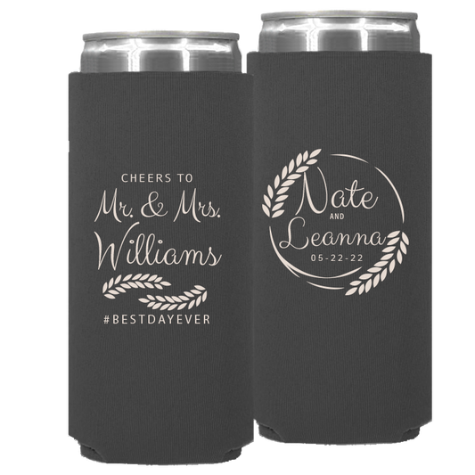 Wedding - Cheers To Mr & Mrs Leaves - Neoprene Slim Can 049