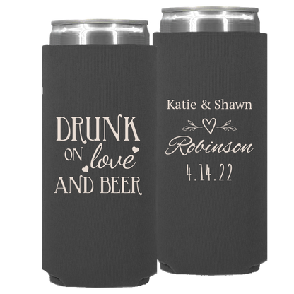 Wedding - Drunk On Love And Beer Heart Leaves - Neoprene Slim Can 058