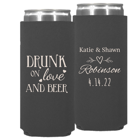 Wedding - Drunk On Love And Beer Heart Leaves - Neoprene Slim Can 058