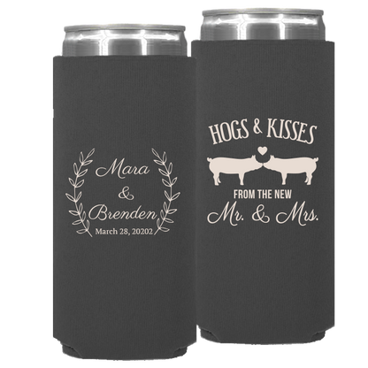 Wedding - Hogs & Kisses With Leaves - Neoprene Slim Can 064