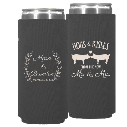 Wedding - Hogs & Kisses With Leaves - Neoprene Slim Can 064