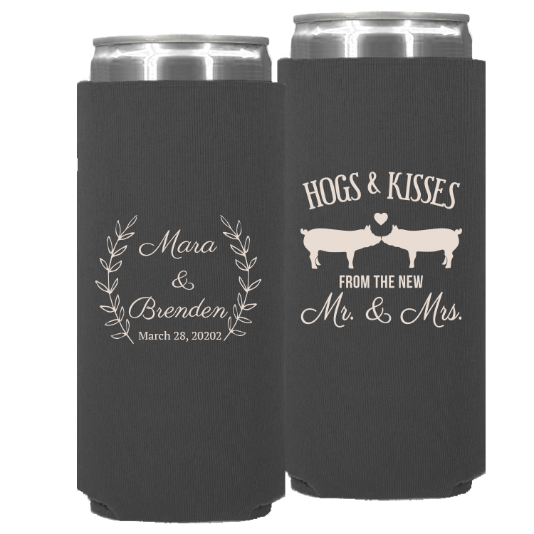 Wedding - Hogs & Kisses With Leaves - Neoprene Slim Can 064