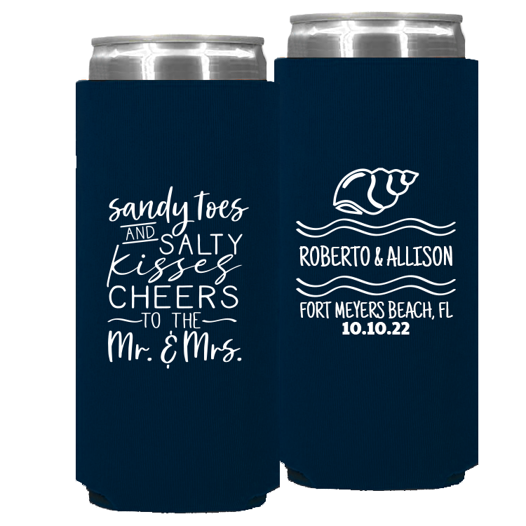 Wedding - Sandy Toes And Salty Kisses Cheers To The Mr & Mrs - Foam Slim Can 096